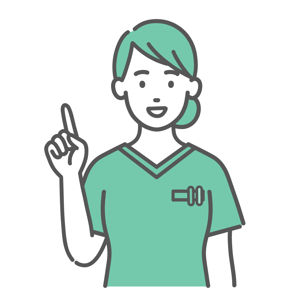 笑顔で人差し指を立てて解説・アドバイスをしている、緑色のスクラブを着た若い女性医療従事者のイラスト
