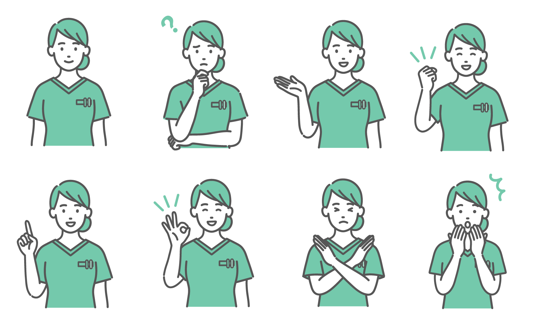 笑顔、悩む、案内、ガッツポーズ、指差し、OK、NG、驚くなど、8種類の表情やポーズをしている緑色のスクラブを着た若い女性医療従事者のイラストセット