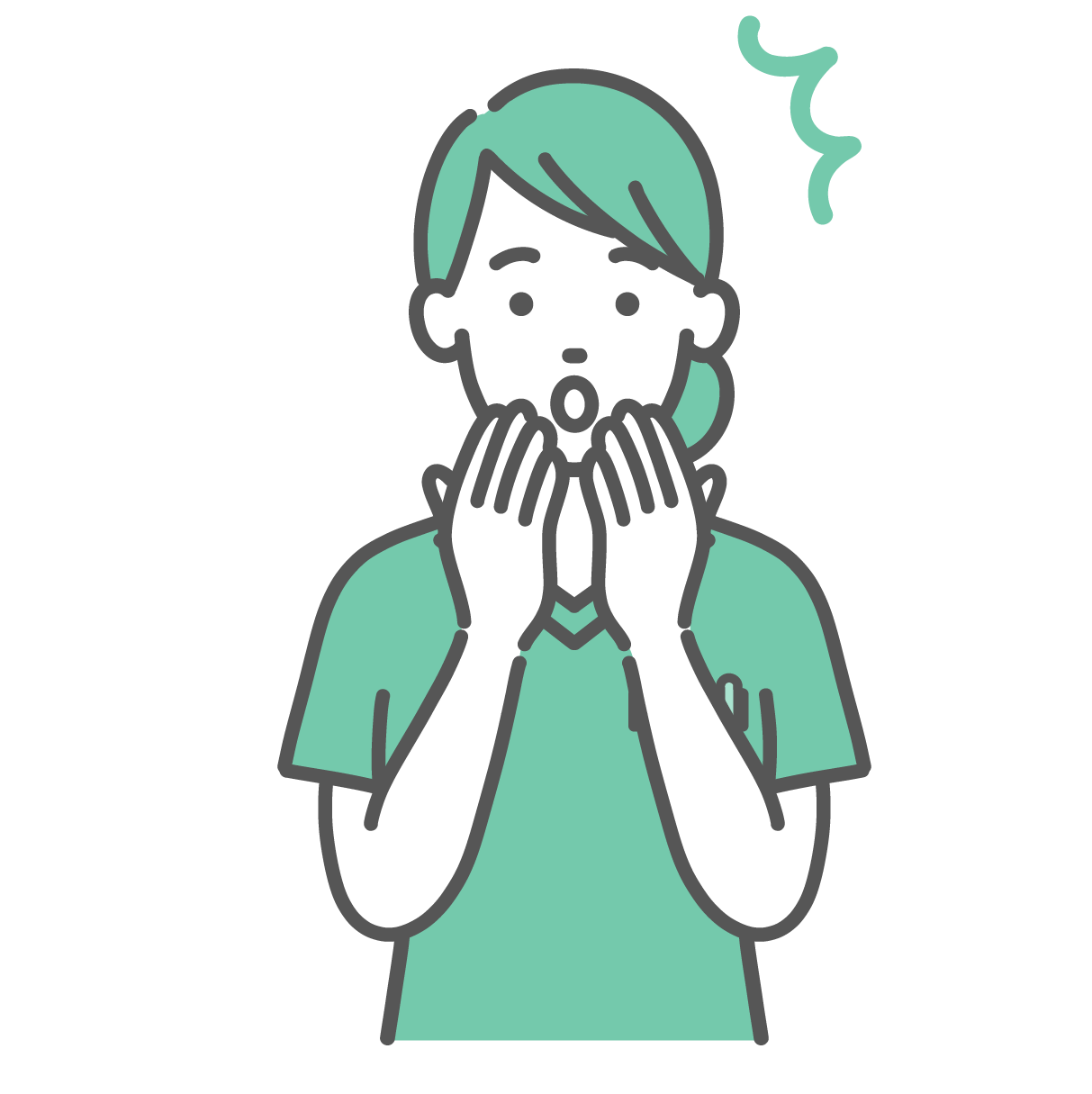 両手で口元を覆い驚いた表情をしている、緑色のスクラブを着た若い女性医療従事者のイラスト