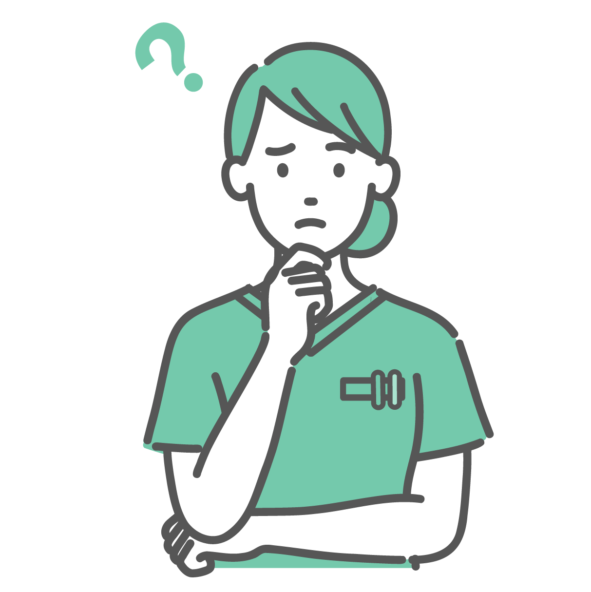 顎に手を当てて悩んでいる、緑色のスクラブを着た若い女性医療従事者のイラスト