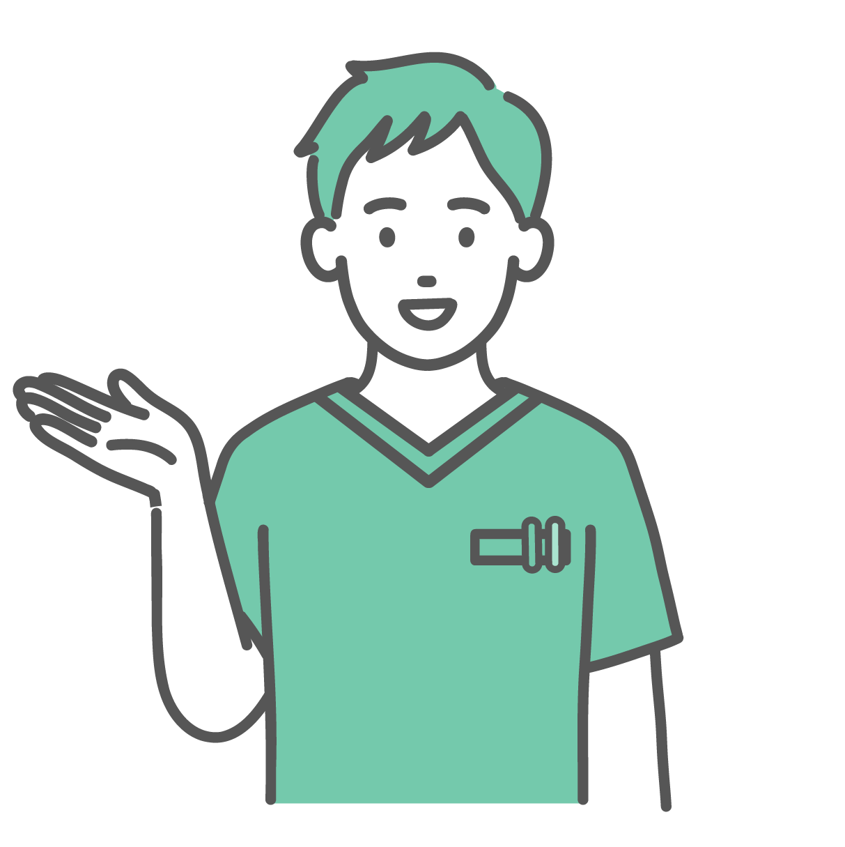 笑顔で手のひらを上に向けて案内している、緑色のスクラブを着た若い男性医療従事者のイラスト