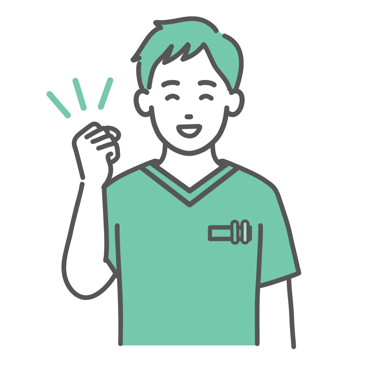 笑顔でガッツポーズをして応援している、緑色のスクラブを着た若い男性医療従事者のイラスト