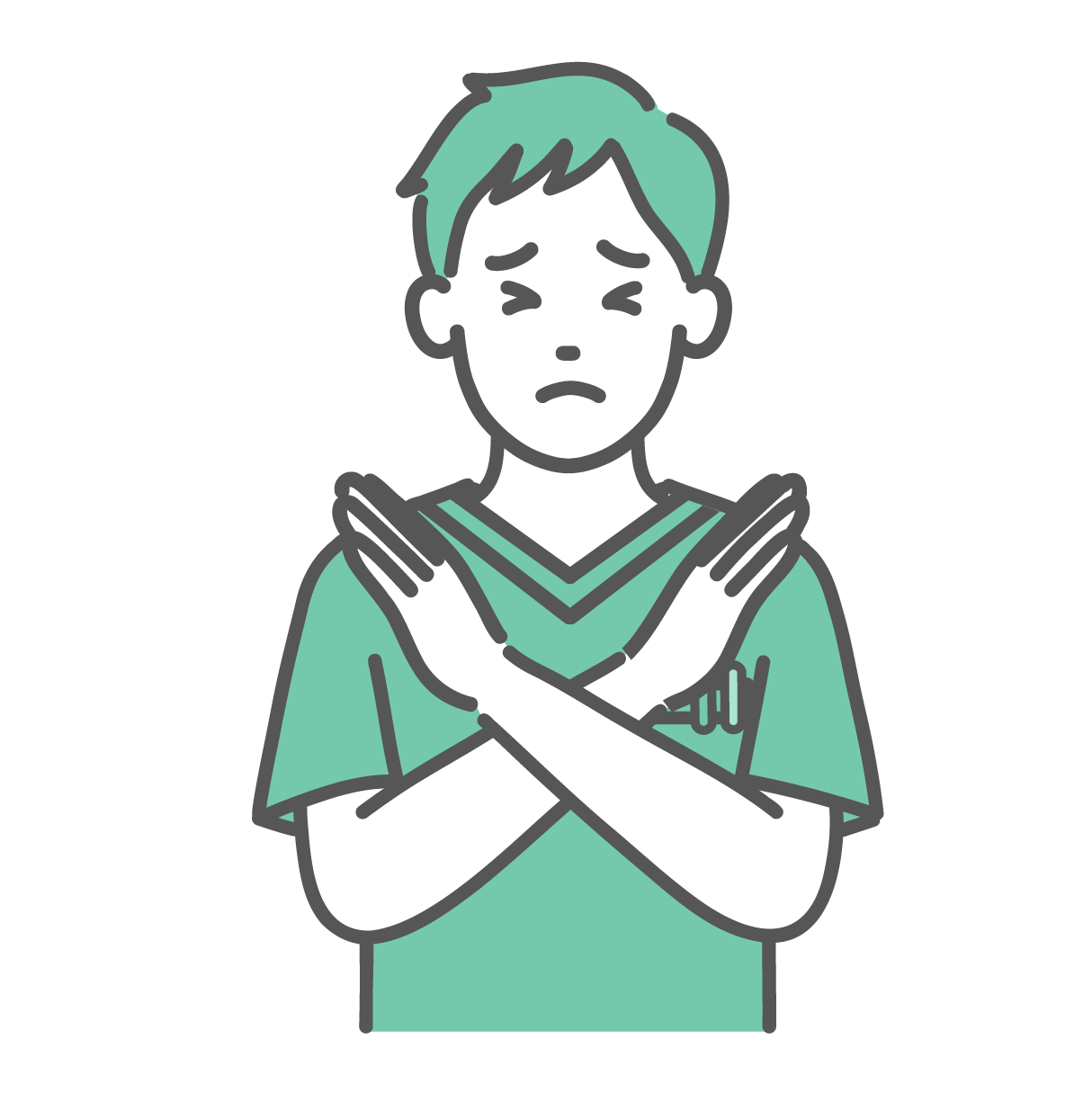 胸の前で腕をクロスさせてNGサインを出している、緑色のスクラブを着た若い男性医療従事者のイラスト