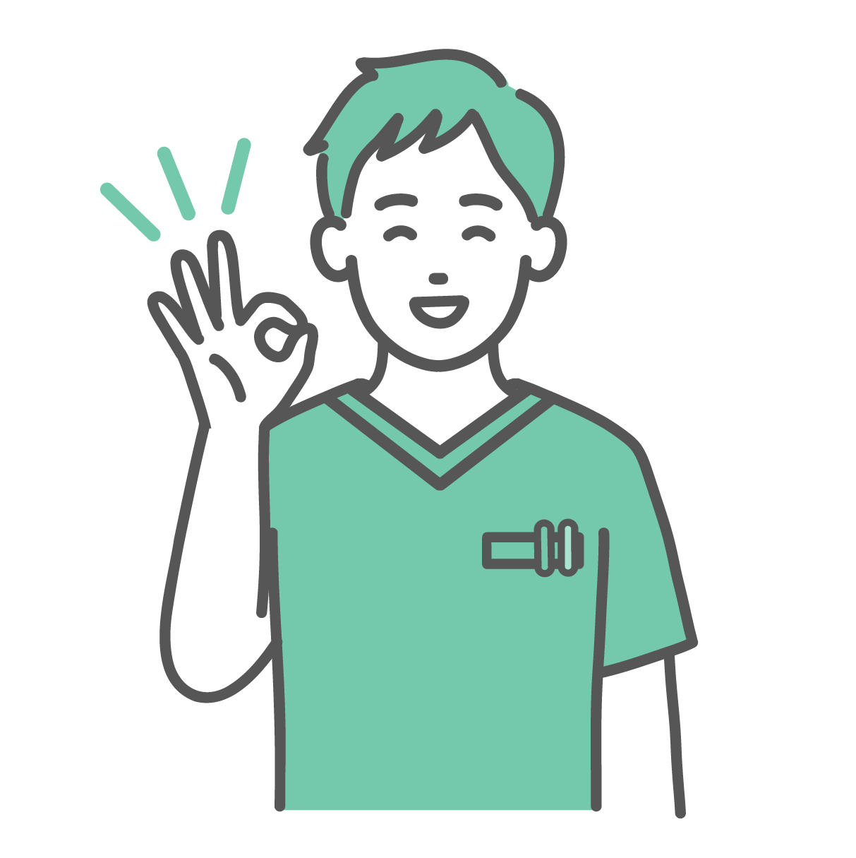 笑顔でOKサインを出している、緑色のスクラブを着た若い男性医療従事者のイラスト