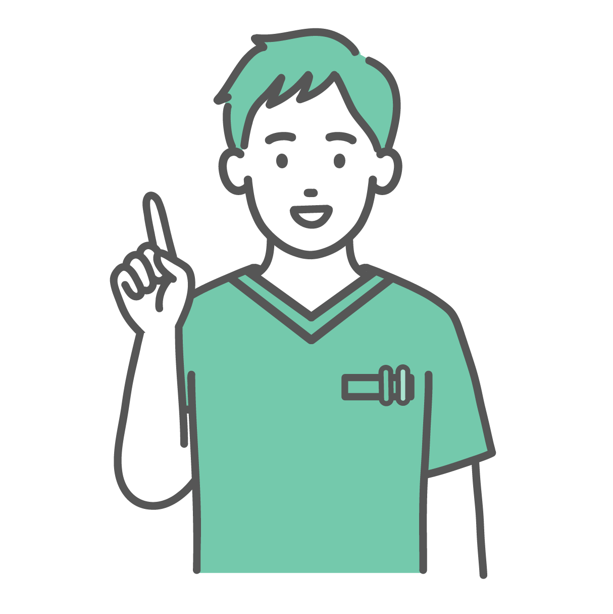笑顔で人差し指を立てて解説・アドバイスをしている、緑色のスクラブを着た若い男性医療従事者のイラスト