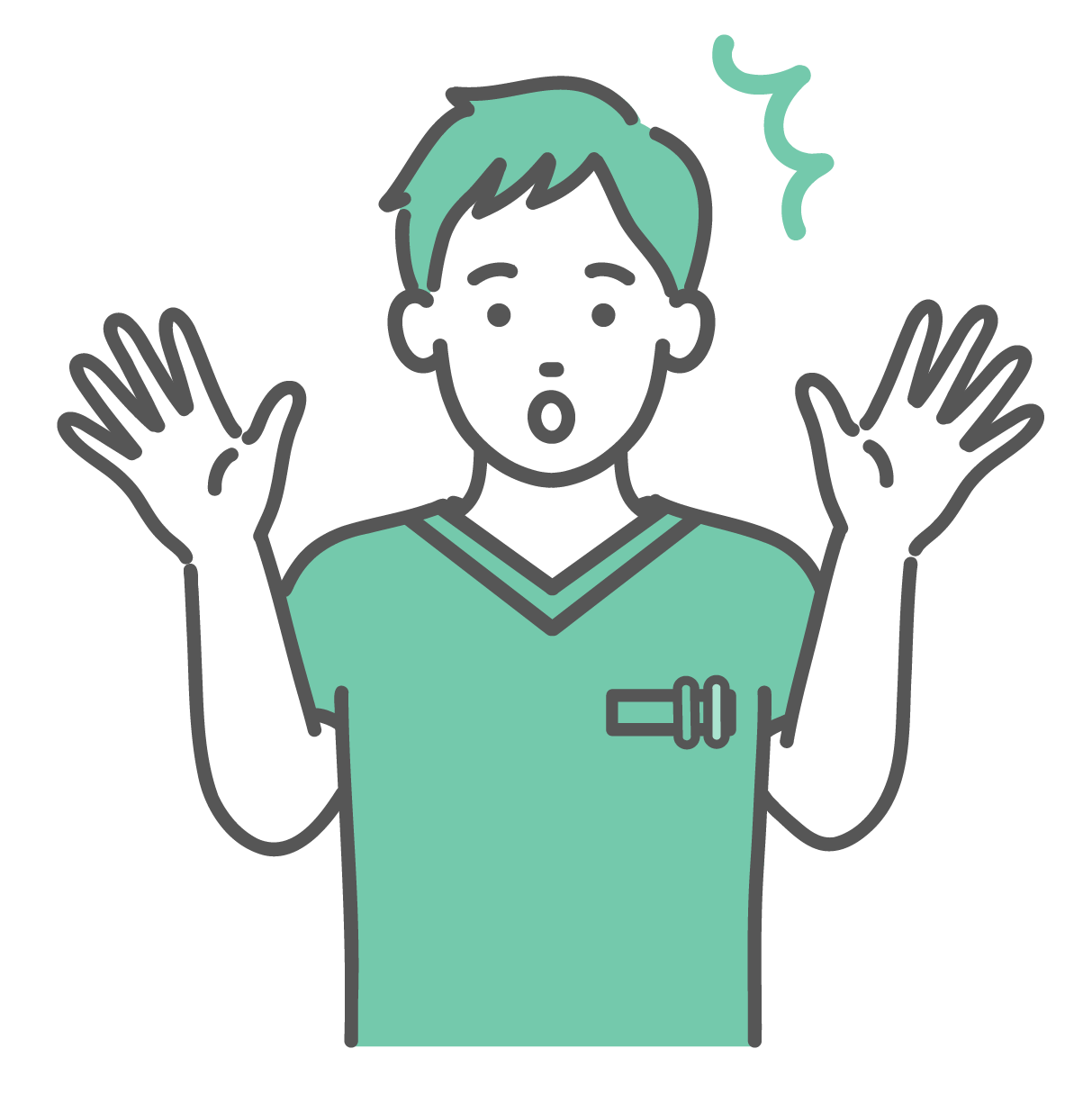 両手を広げて驚いた表情をしている、緑色のスクラブを着た若い男性医療従事者のイラスト