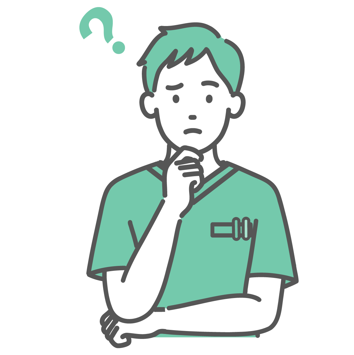 顎に手を当てて悩んでいる、緑色のスクラブを着た若い男性医療従事者のイラスト