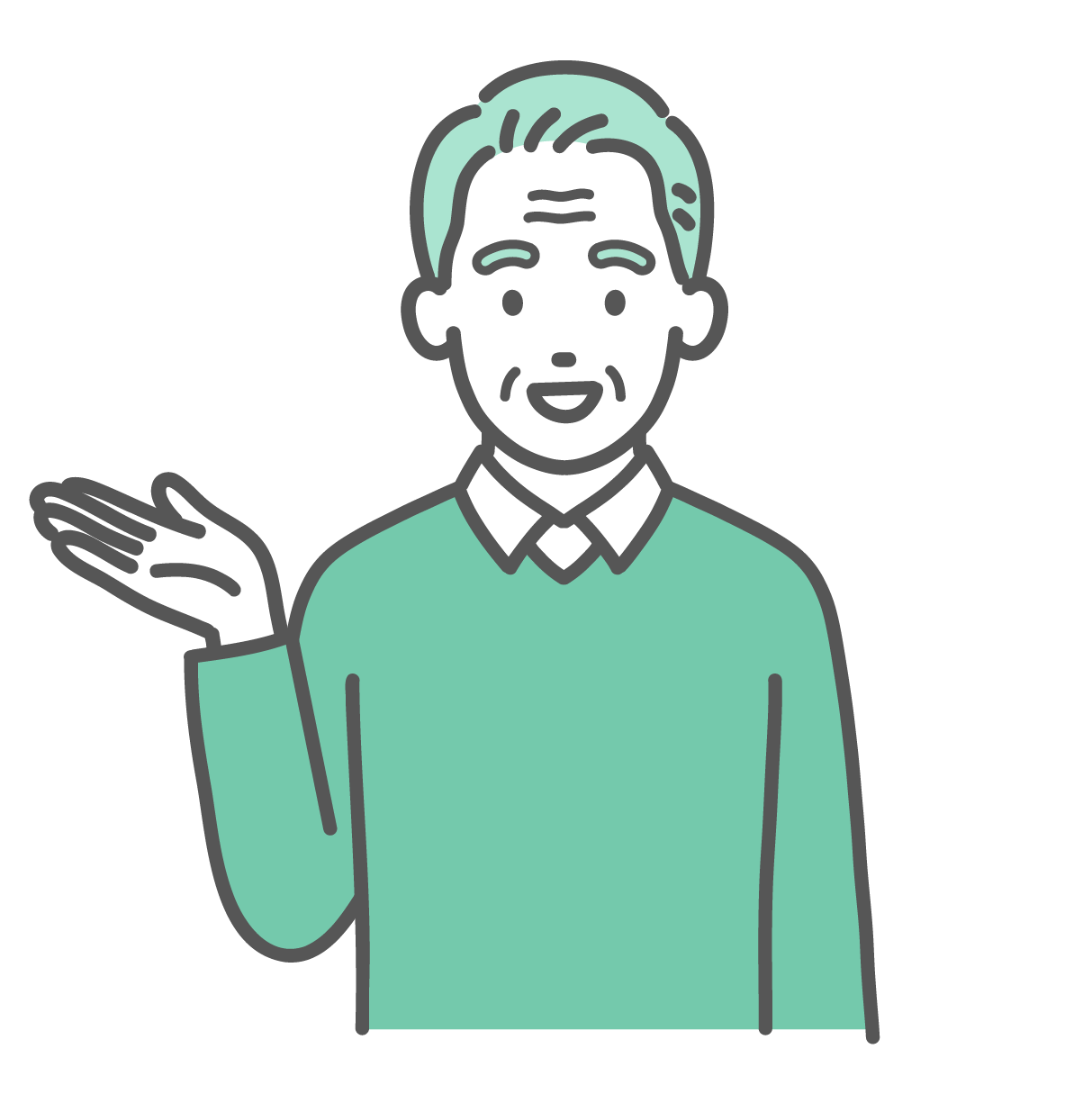 笑顔で右手を差し出して、案内や紹介をしているセーター姿の高齢男性のイラスト