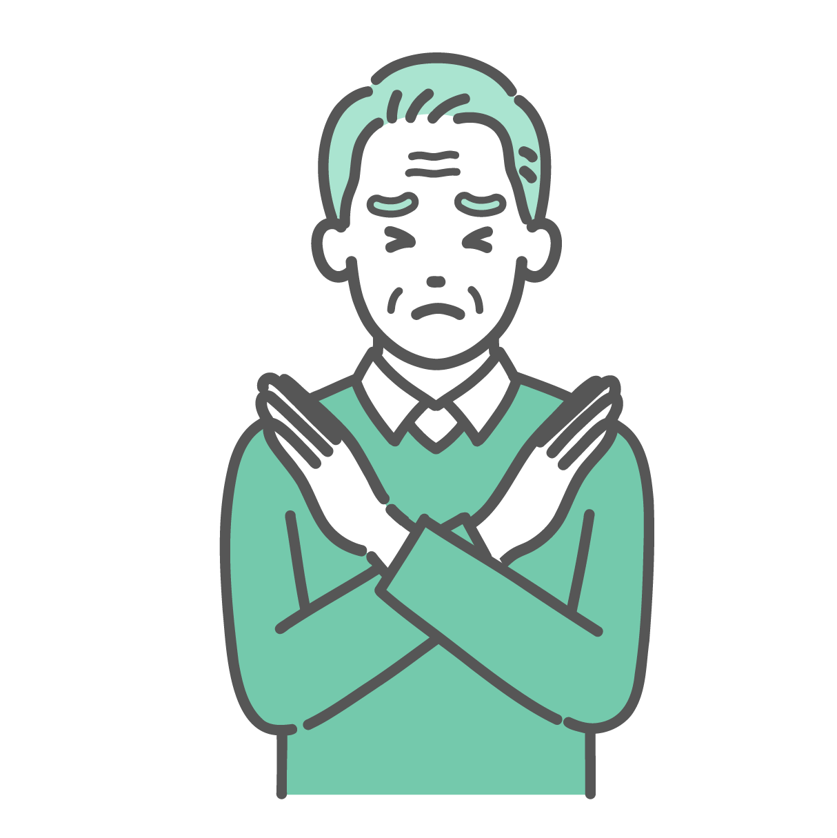 胸の前で腕をクロスさせてNGサインを出している、セーター姿の高齢男性のイラスト
