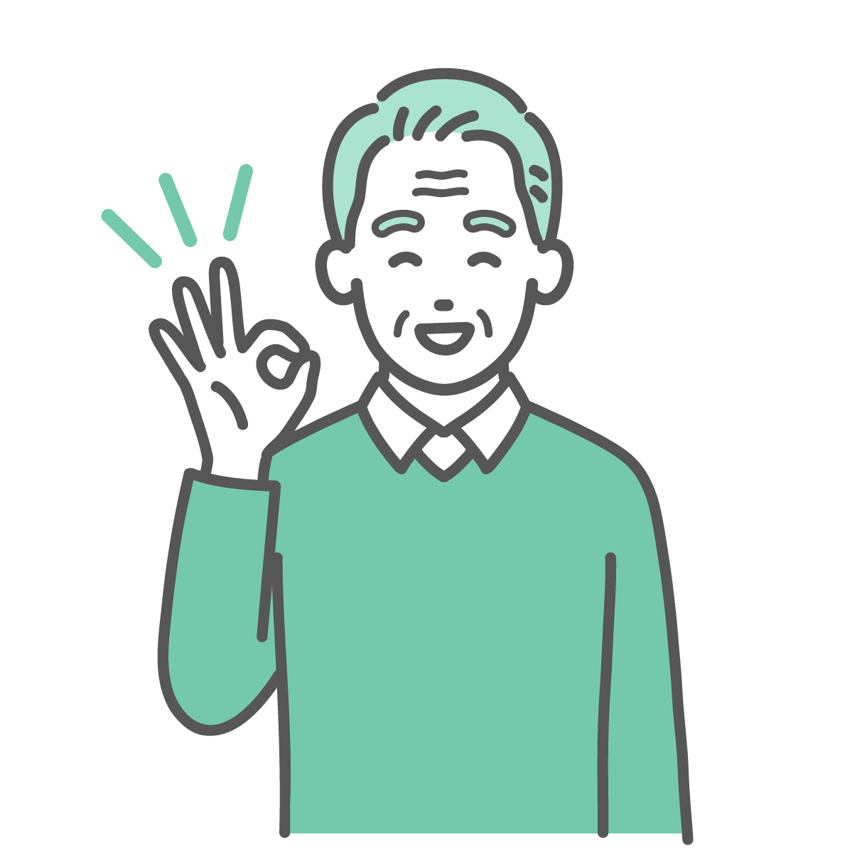 笑顔でOKサインを出している、セーター姿の高齢男性のイラスト