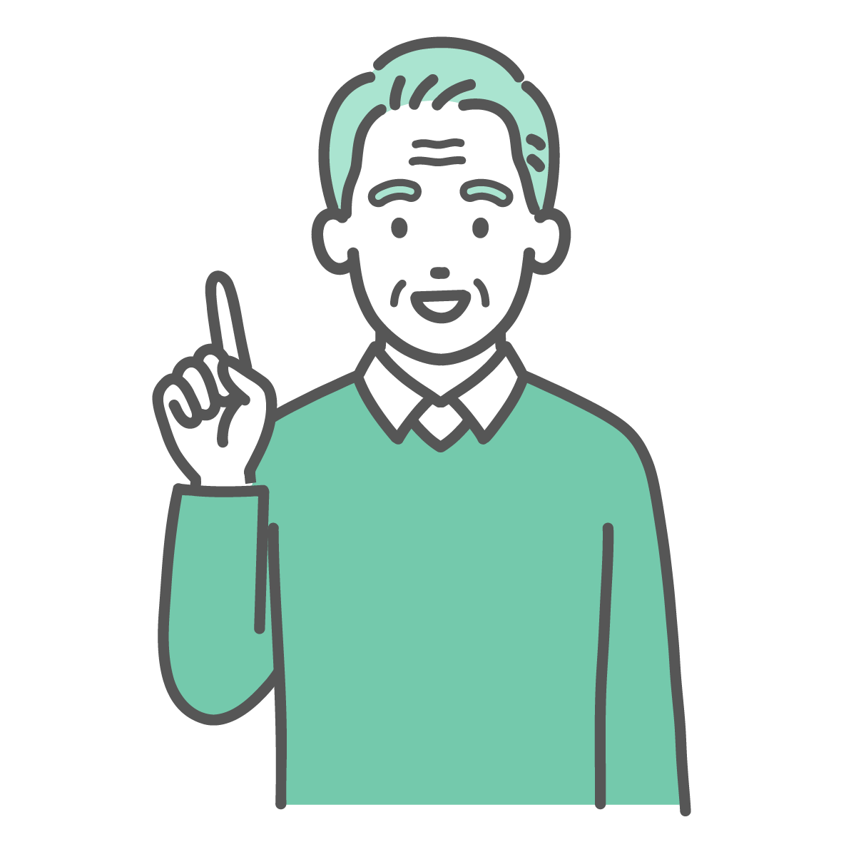 笑顔で人差し指を立てて、ポイントを解説しているセーター姿の高齢男性のイラスト