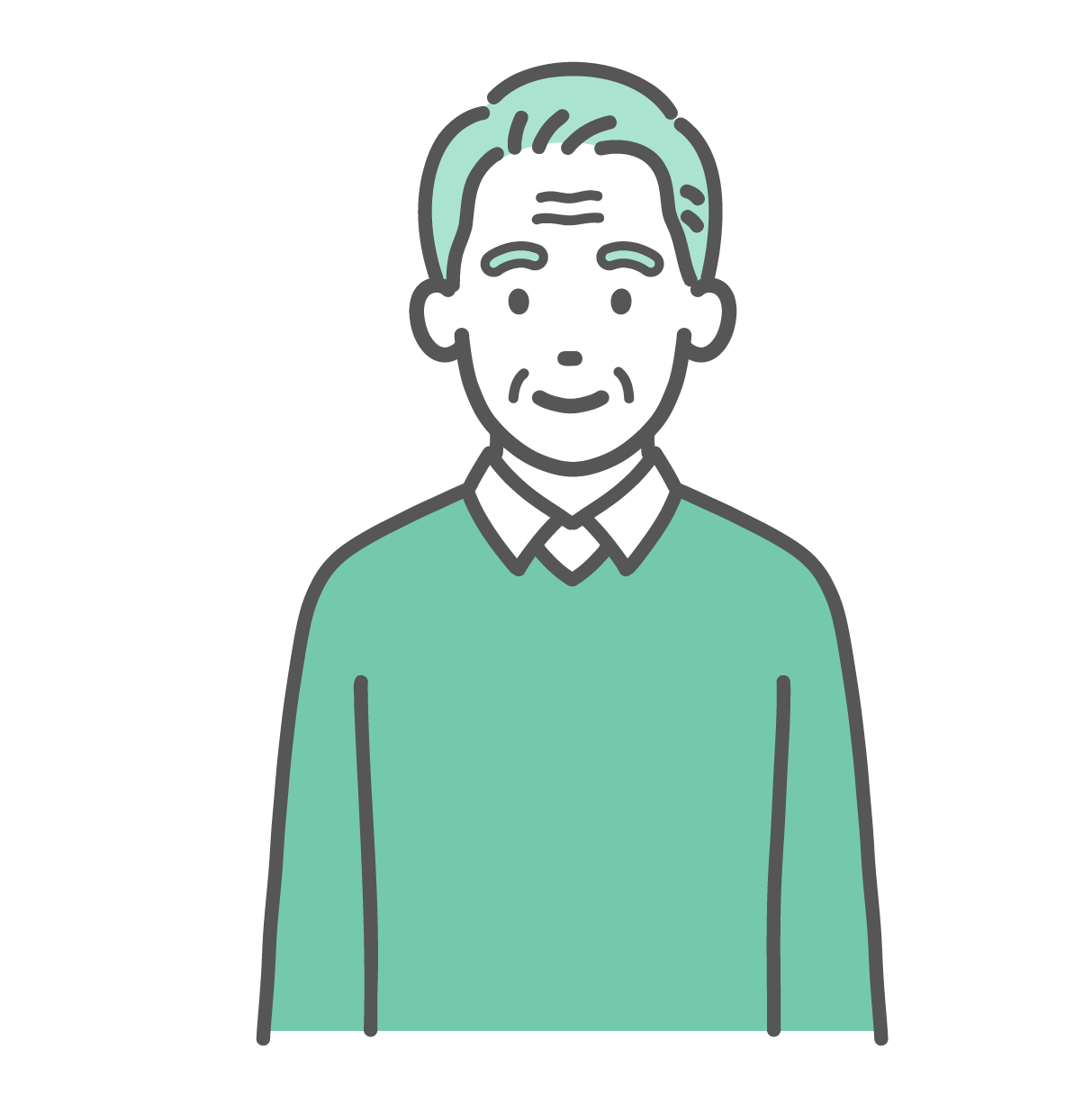 穏やかな笑顔で正面を向いている、セーター姿の高齢男性のイラスト