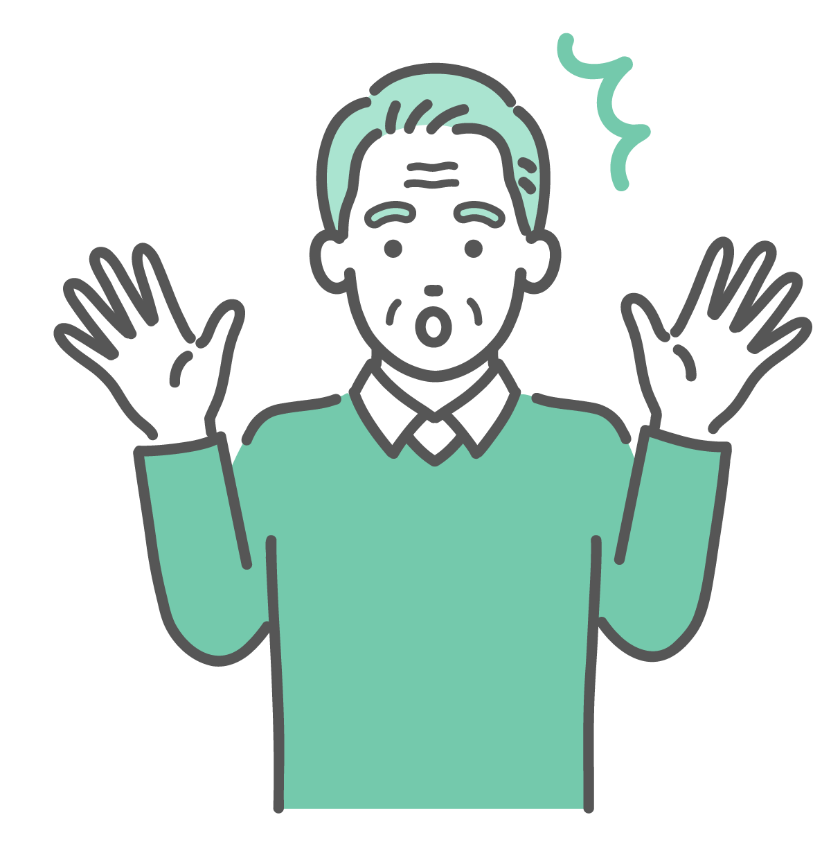 両手を広げて驚いた表情をしている、セーター姿の高齢男性のイラスト