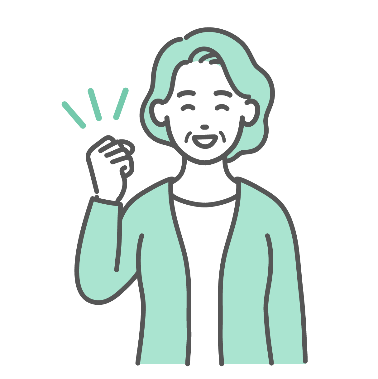 笑顔でガッツポーズをして喜んでいる元気な高齢女性のイラスト