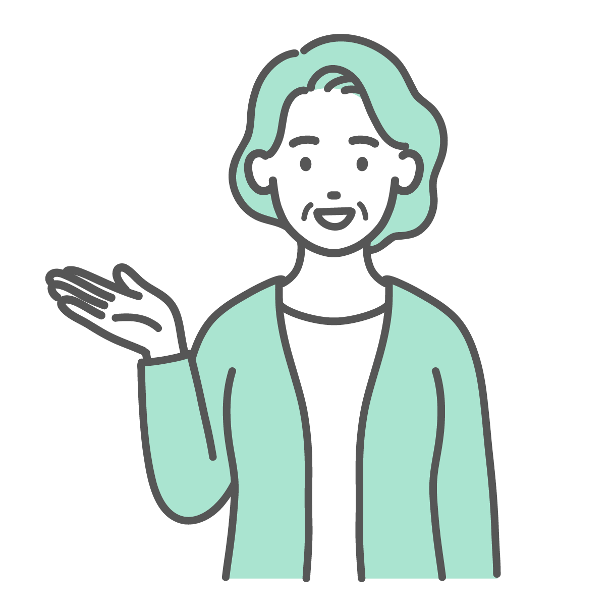右手を差し出して笑顔で案内・紹介をしている高齢女性のイラスト
