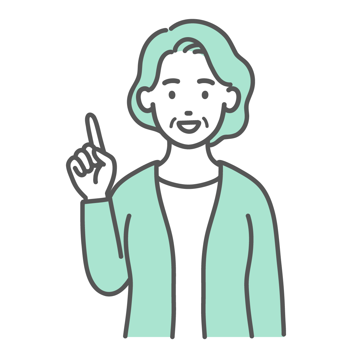 右手の人差し指を立てて笑顔でポイントを説明している高齢女性のイラスト