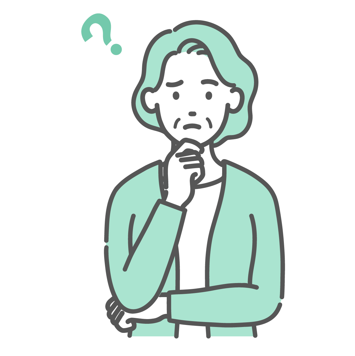 顎に手を当ててはてなマークを浮かべ、疑問に思っている高齢女性のイラスト