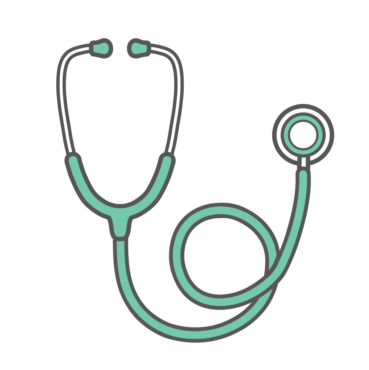 ミントグリーンの聴診器（ステート）。イヤーピースとチェストピースが描かれたシンプルな医療器具。