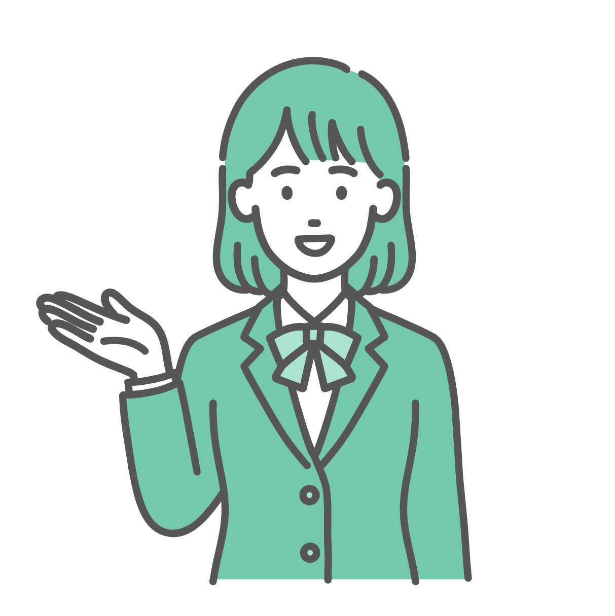 右手を差し出して笑顔で案内や紹介をしている制服姿のティーン女性（女子中高生）のイラスト