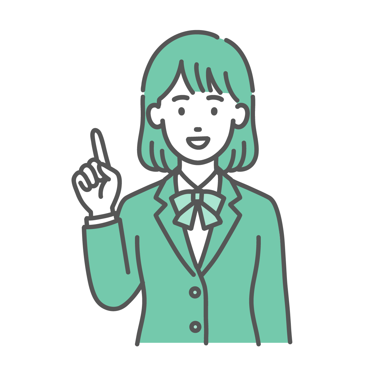 右手の人差し指を立てて笑顔でポイントを説明している制服姿のティーン女性（女子中高生）のイラスト