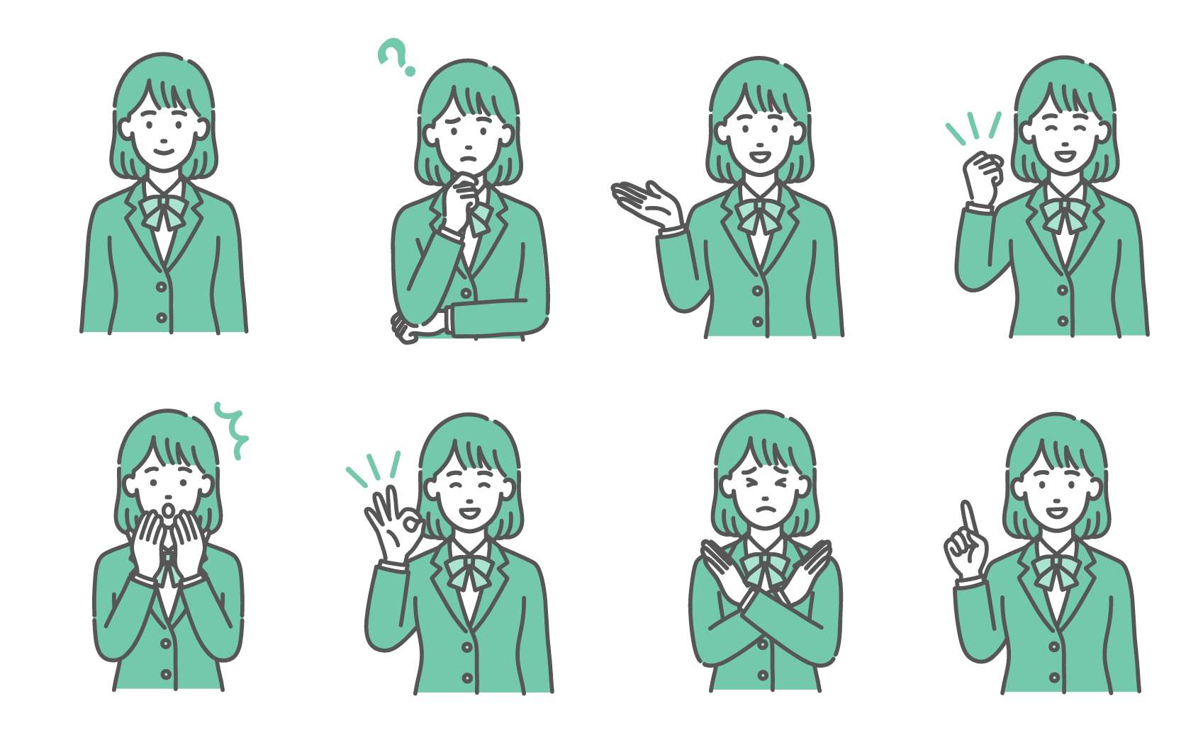 笑顔や悩み、案内など、制服姿のティーン女性（女子中高生）の様々な表情やポーズのイラスト8点セット