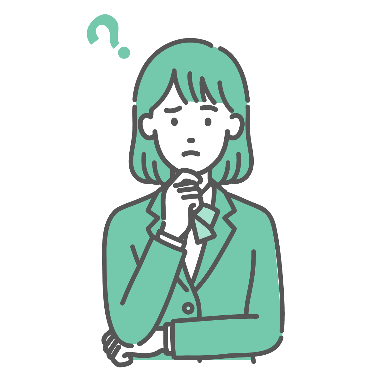 顎に手を当ててはてなマークを浮かべ、疑問に思っている制服姿のティーン女性（女子中高生）のイラスト