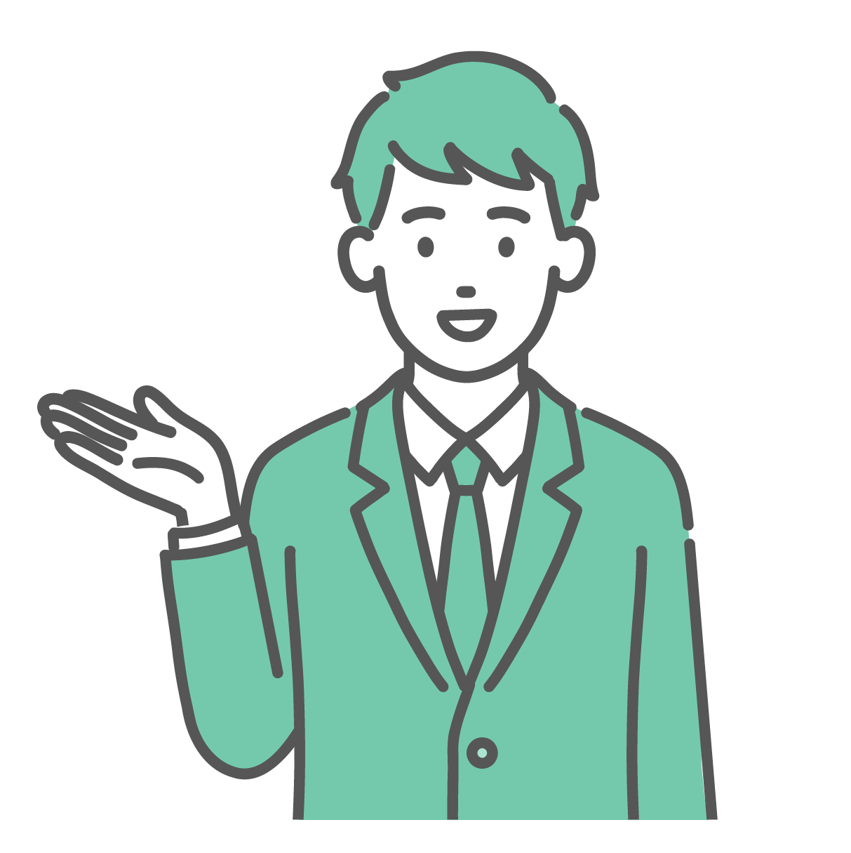 笑顔で右手を差し出して、案内や紹介をしている、ブレザー制服姿の男子学生のイラスト