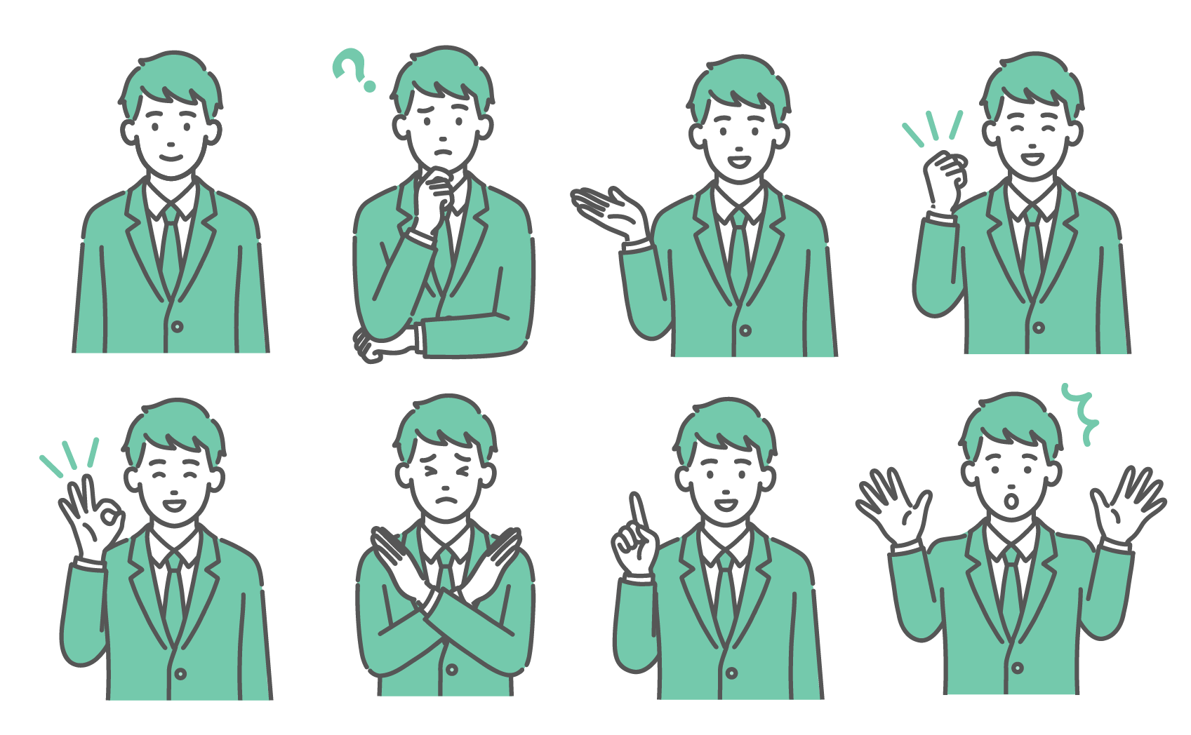 笑顔、悩む、案内、ガッツポーズ、驚く、OK、NG、指差しなど、8種類の表情やポーズをしているブレザー制服姿の男子学生のイラストセット