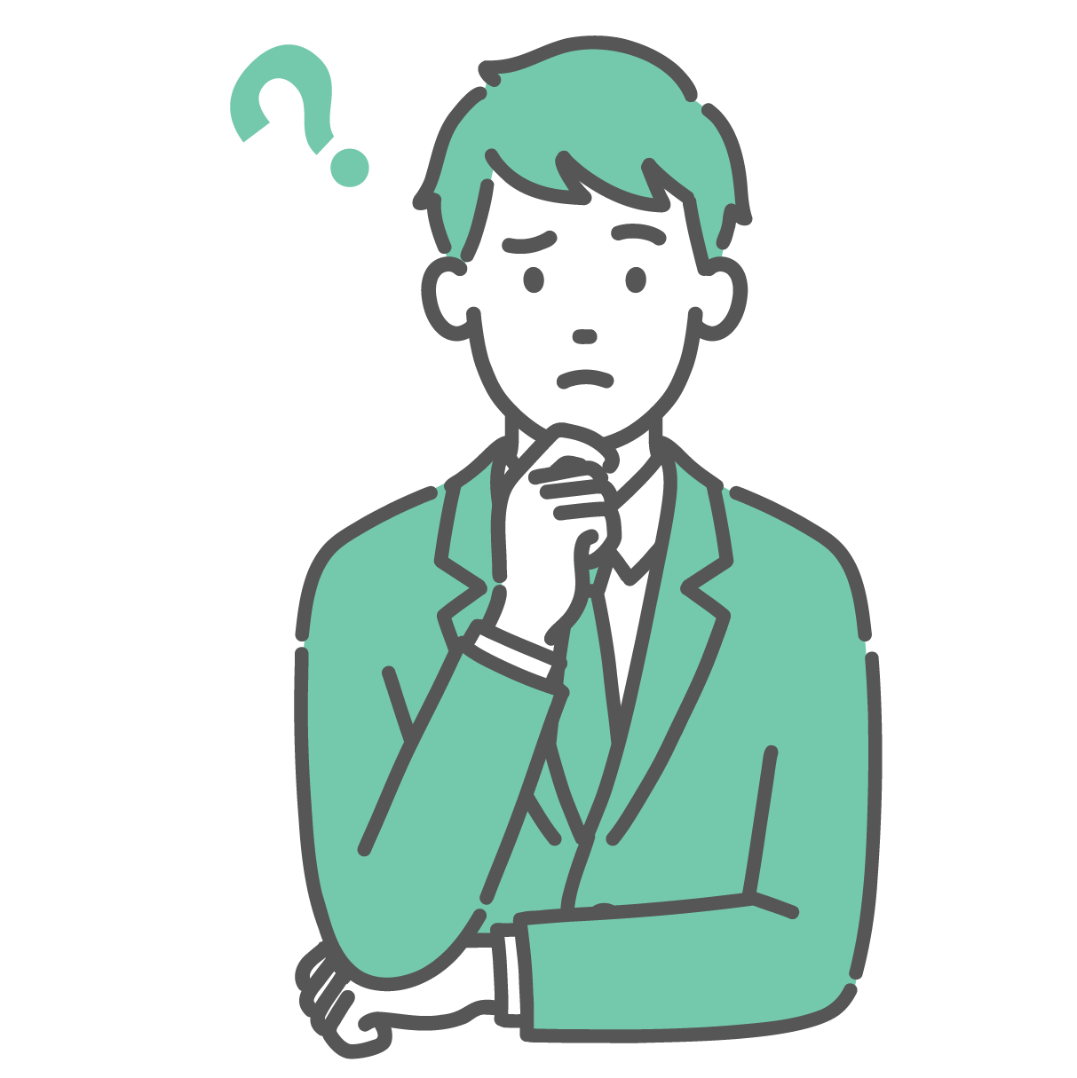 頭にハテナマークを浮かべて、顎に手を当てて考え事や悩み事をしている、ブレザー制服姿の男子学生のイラスト