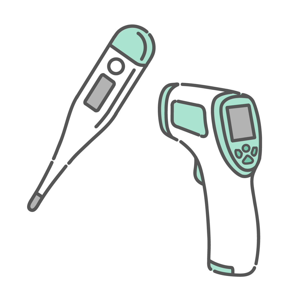 脇の下で測るスティック型の電子体温計と、おでこで測るガンタイプの非接触体温計。