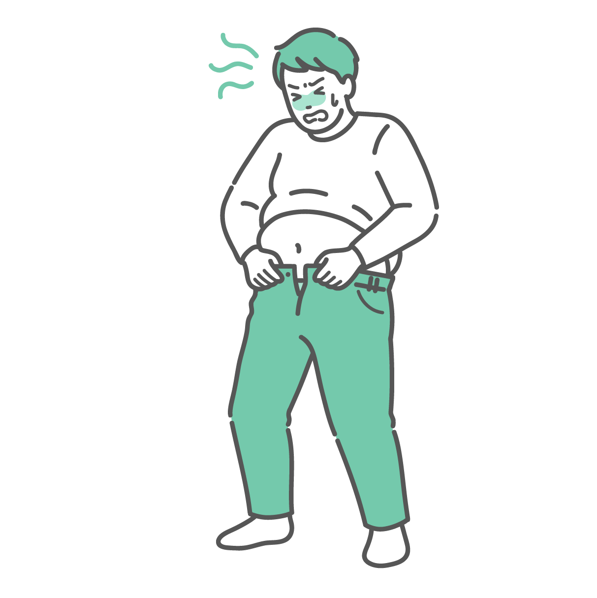 太ってズボンが入らなくなり、汗をかいて焦っている男性のイラスト