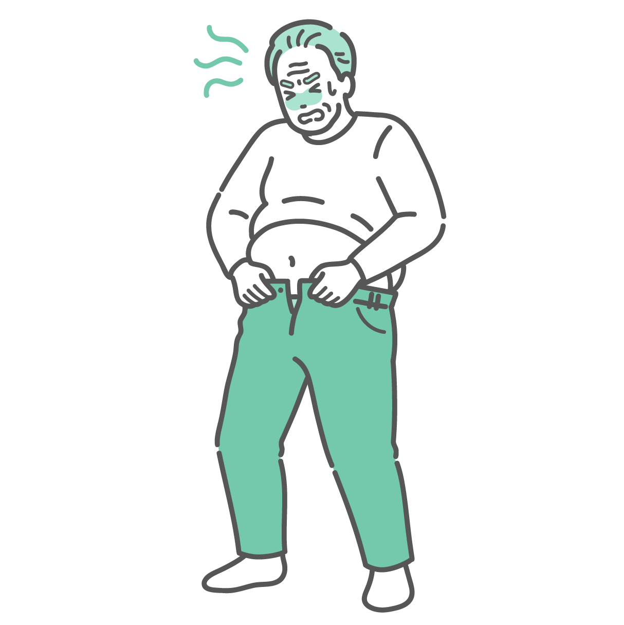 太ってズボンが入らなくなり、汗をかいて焦っている高齢男性のイラスト