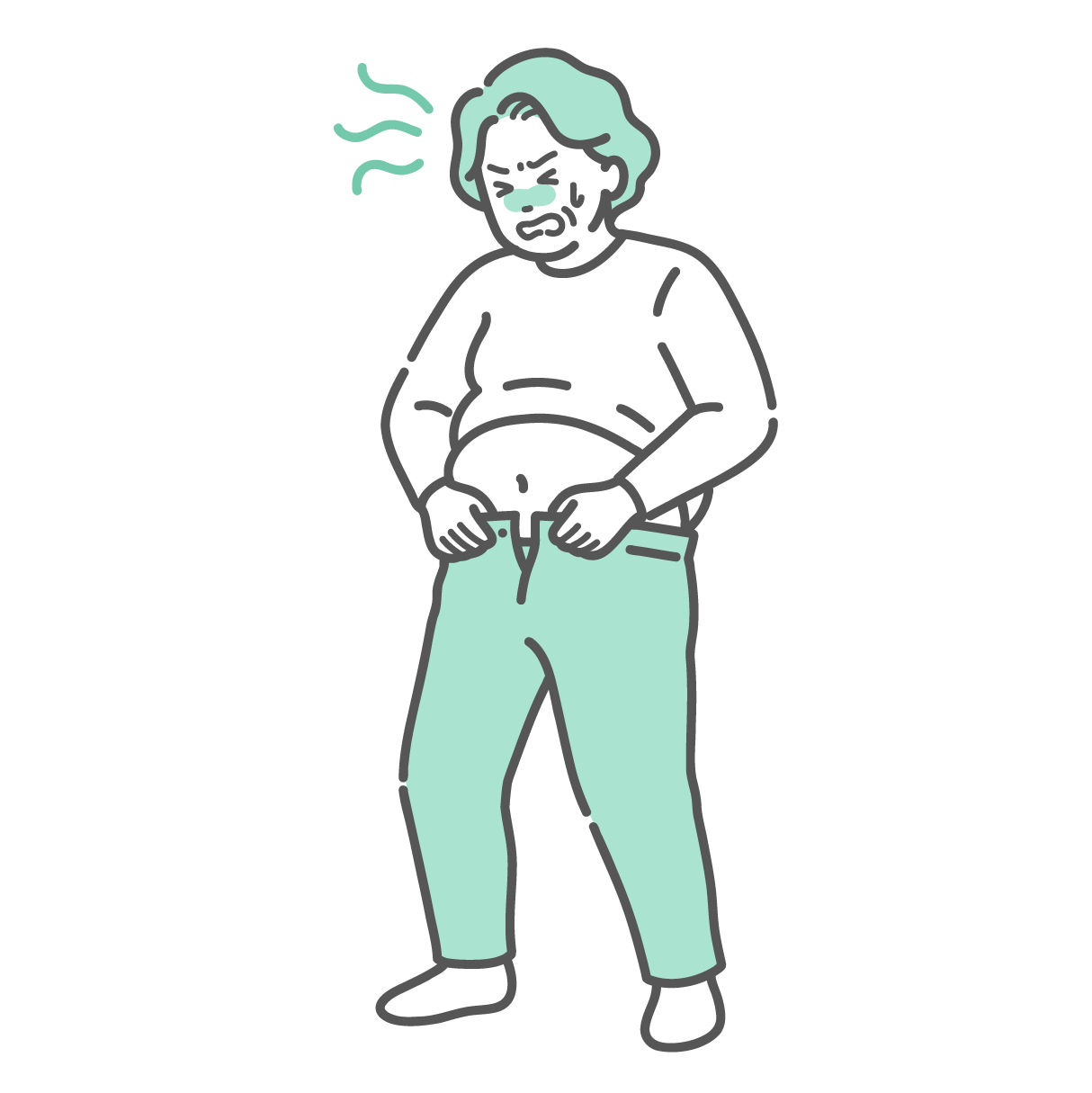 太ってズボンが入らなくなり、汗をかいて焦っている高齢女性のイラスト