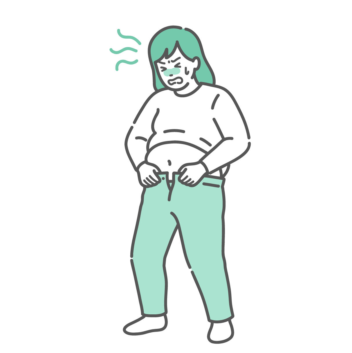 太ってズボンが入らなくなり、汗をかいて焦っている女性のイラスト
