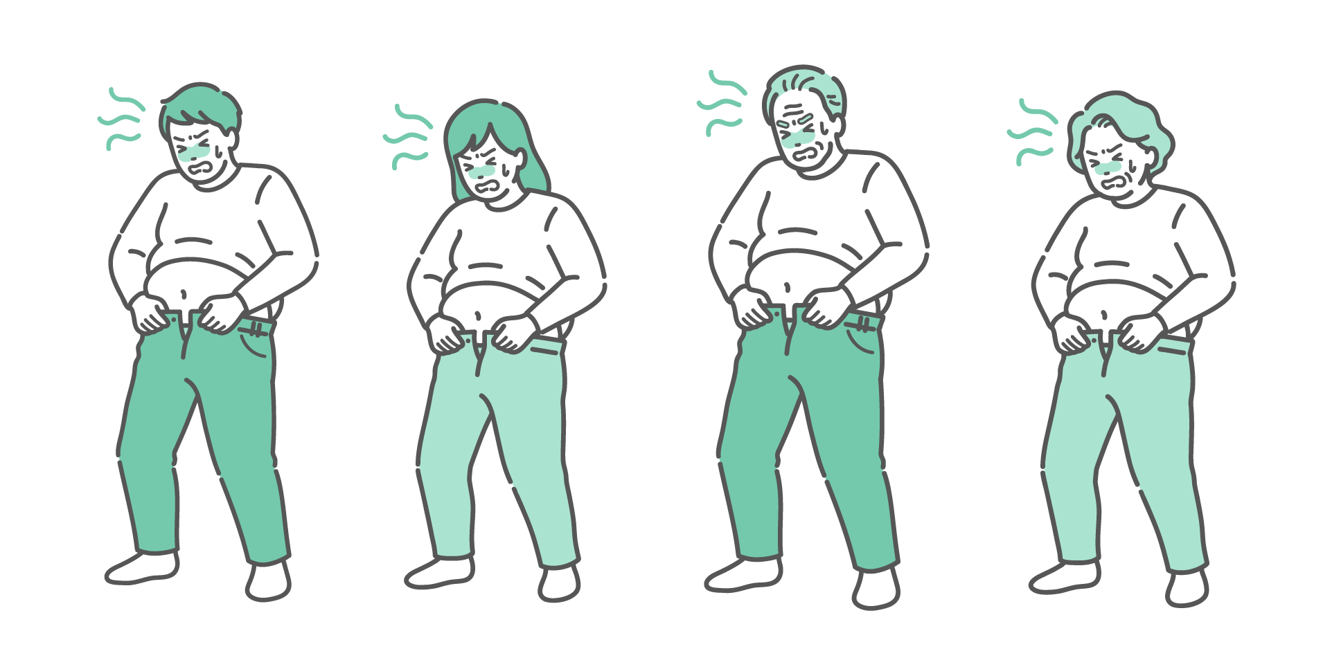 太ってズボンが入らなくなり、汗をかいて焦っている老若男女（若い男女と高齢男女）のイラストセット