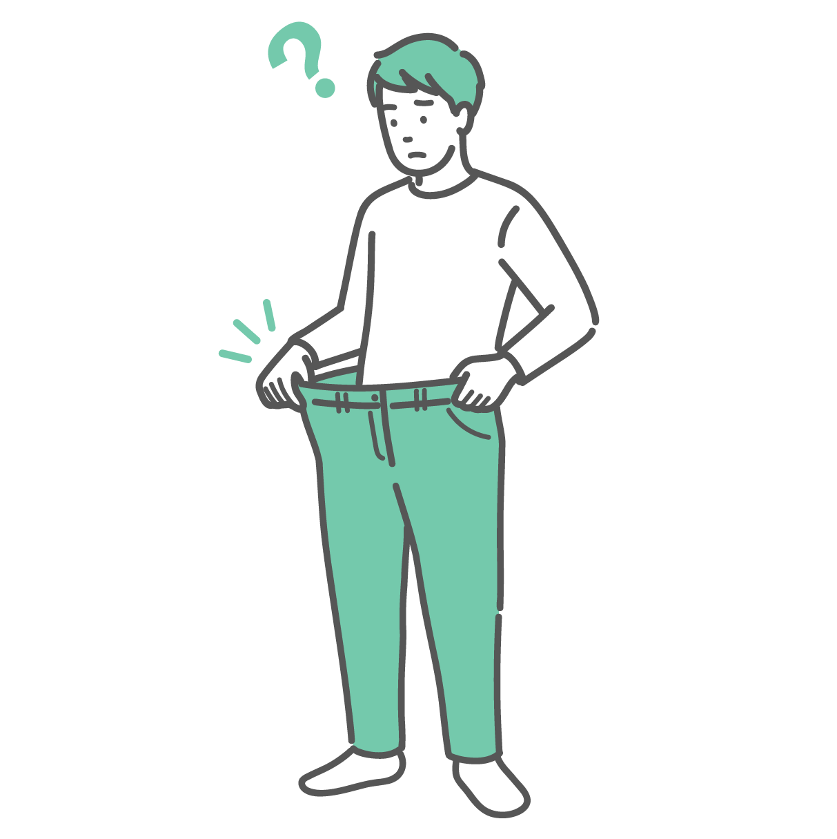 急に痩せてズボンのウエストがブカブカになり、疑問を感じている男性のイラスト