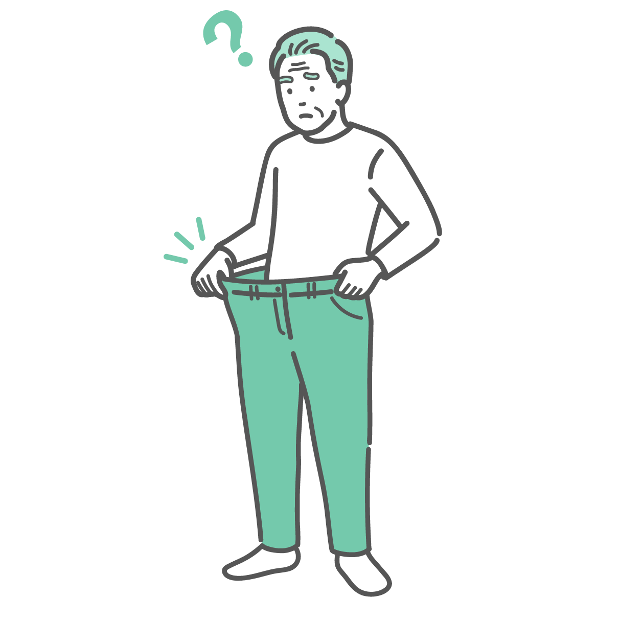 急に痩せてズボンのウエストがブカブカになり、疑問を感じている高齢男性のイラスト