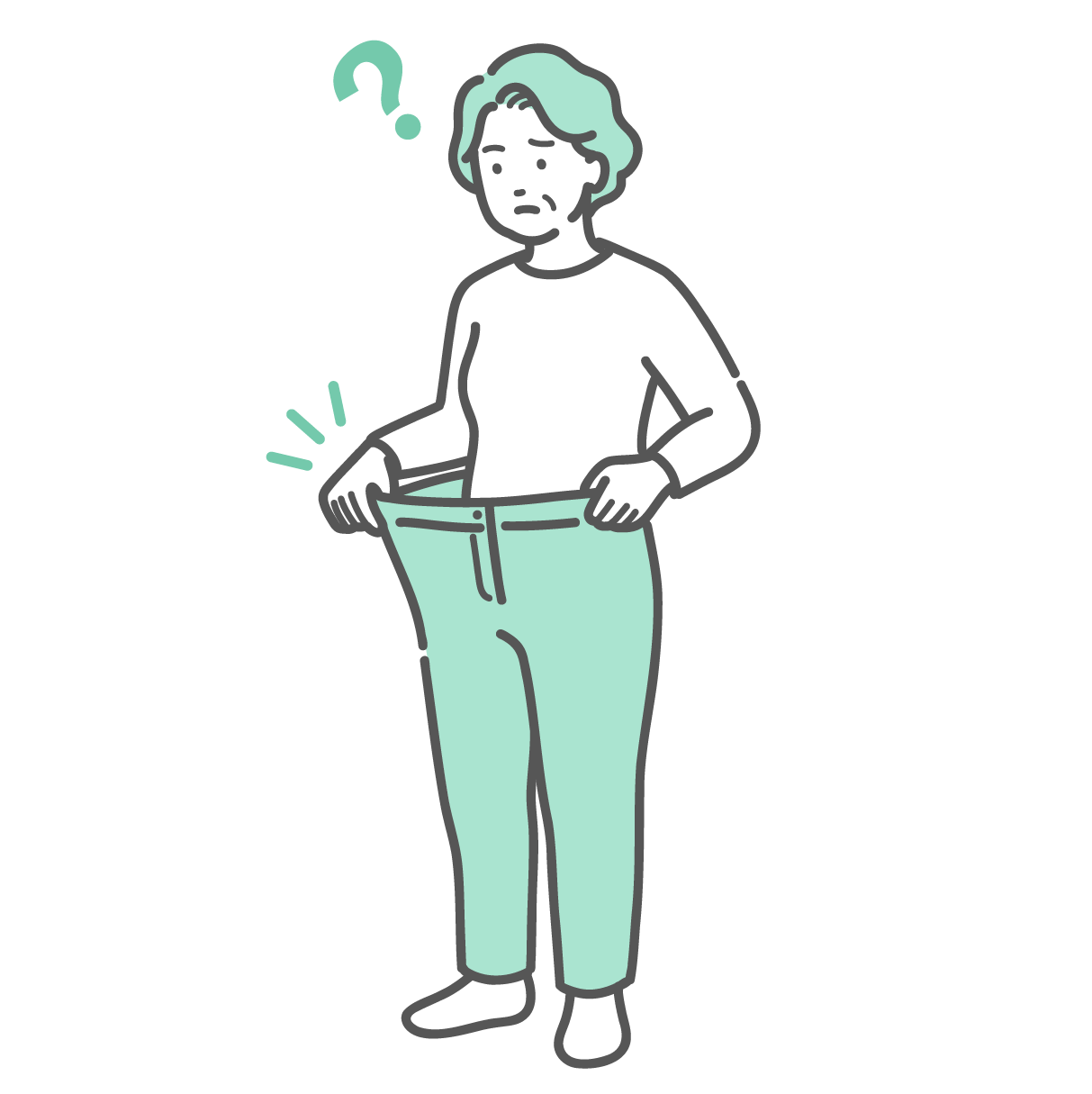 急に痩せてズボンのウエストがブカブカになり、疑問を感じている高齢女性のイラスト