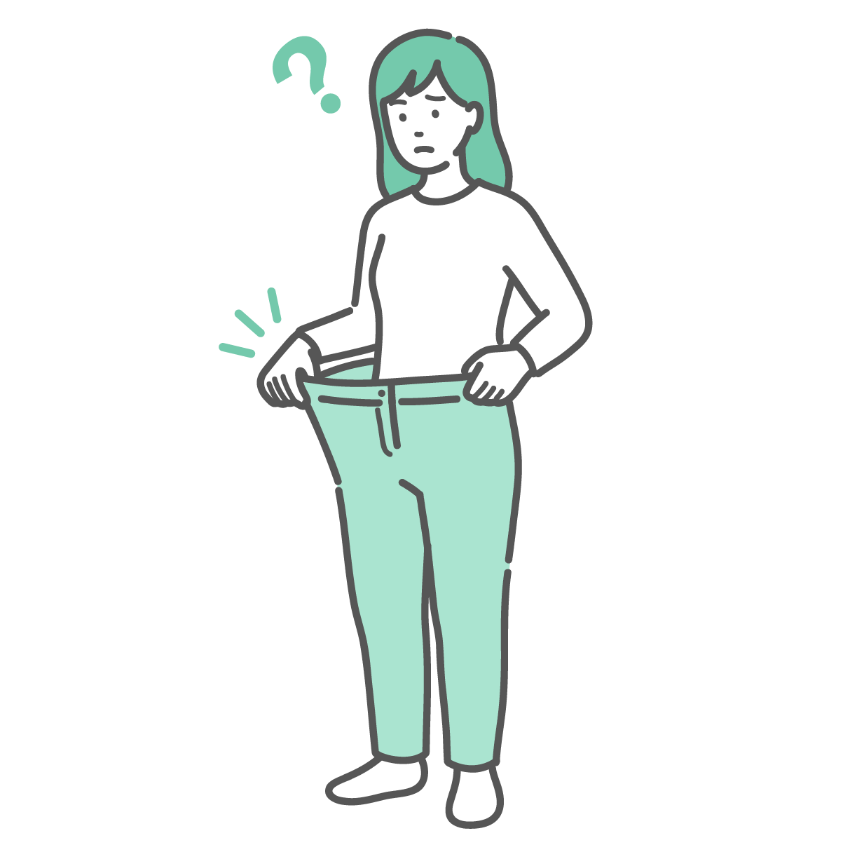 急に痩せてズボンのウエストがブカブカになり、疑問を感じている女性のイラスト