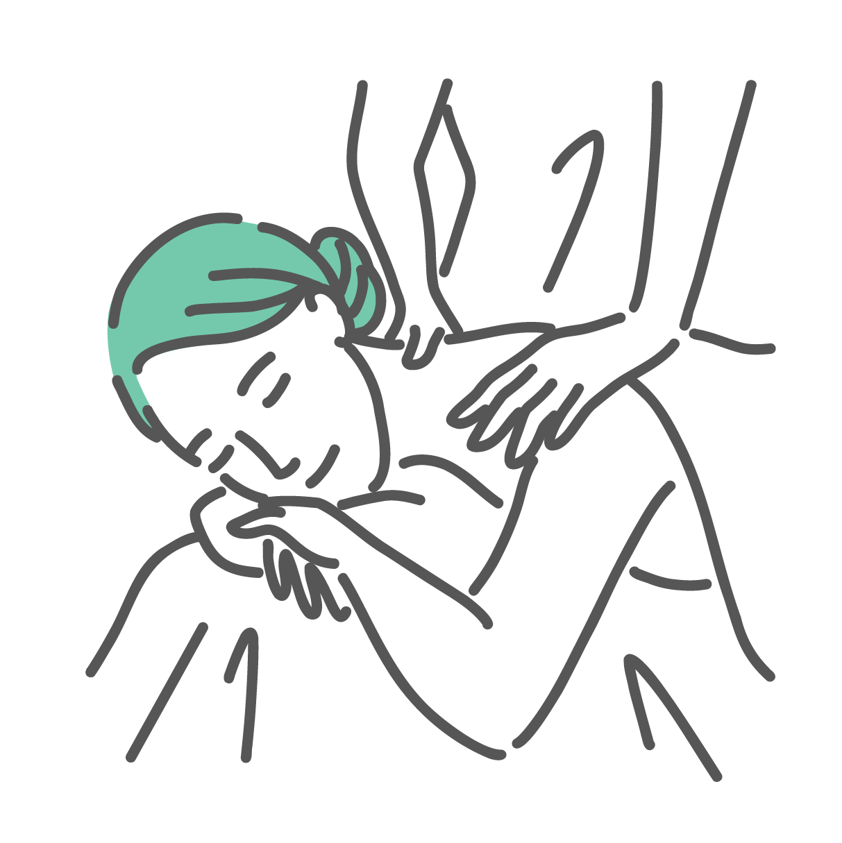 ベッドでうつ伏せになり、目を閉じて肩や背中のマッサージを受けている女性のイラスト