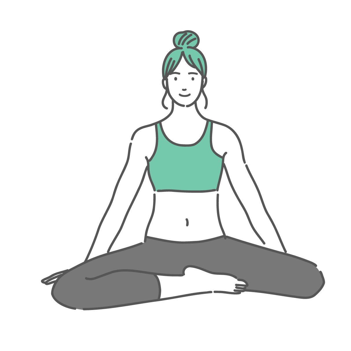 あぐらの姿勢で背筋を伸ばし、正面を向いて座っている女性のイラスト