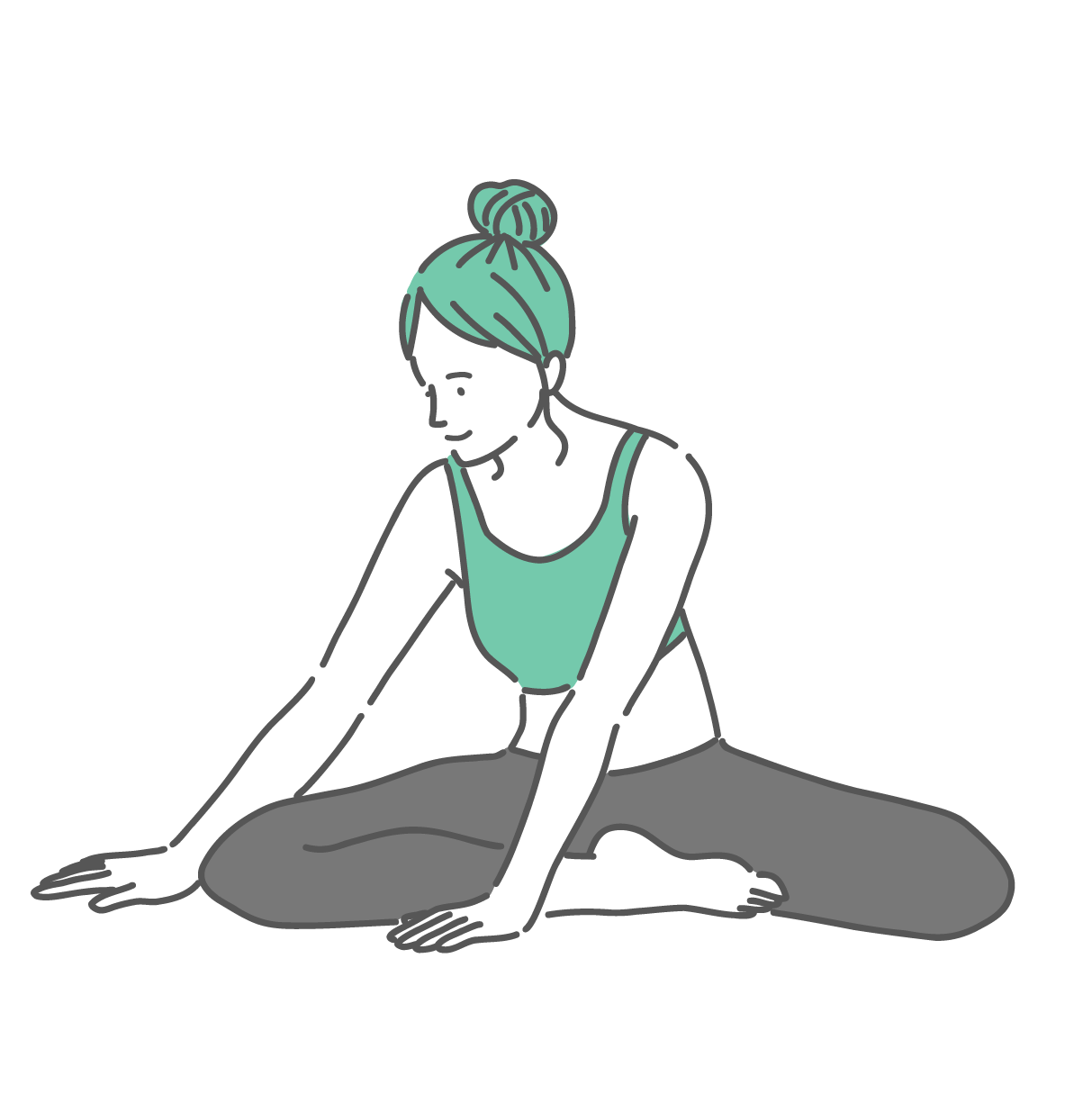 あぐらの姿勢から両手を床について体を前に倒している、前屈ストレッチ中の女性のイラスト