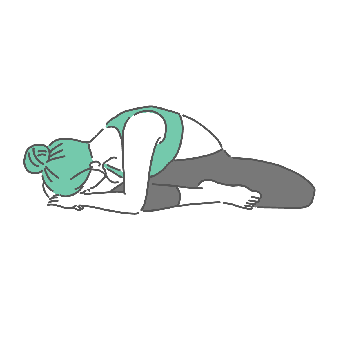 あぐらの姿勢から体を深く前に倒して床に近づけている、前屈ストレッチ中の女性のイラスト