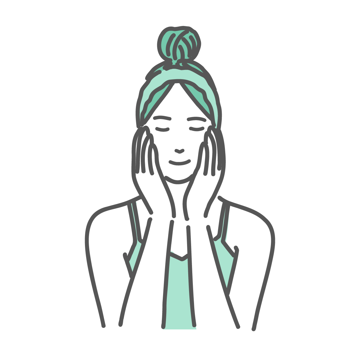 ヘアバンドをつけて目を閉じ、両手で顔を包み込んでスキンケアをしている女性の正面イラスト