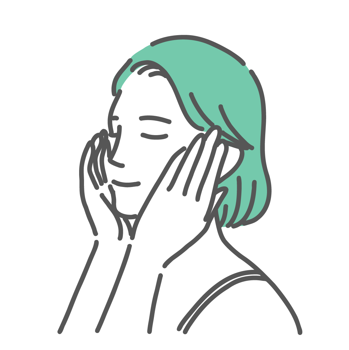 目を閉じて両手で顔を包み込み、スキンケア（ハンドプレス）をしている女性の上半身イラスト