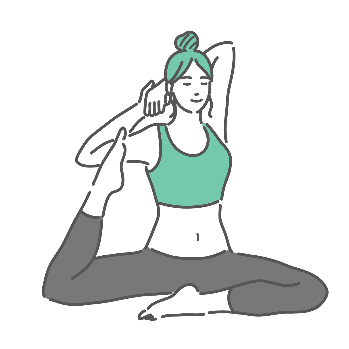 目を閉じてリラックスしながらヨガ（鳩のポーズ）をしている女性のイラスト