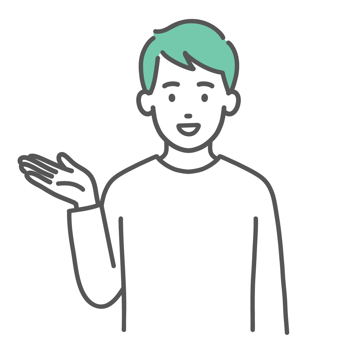 笑顔で右手を差し出して、案内や紹介をしている私服姿の若い男性のイラスト