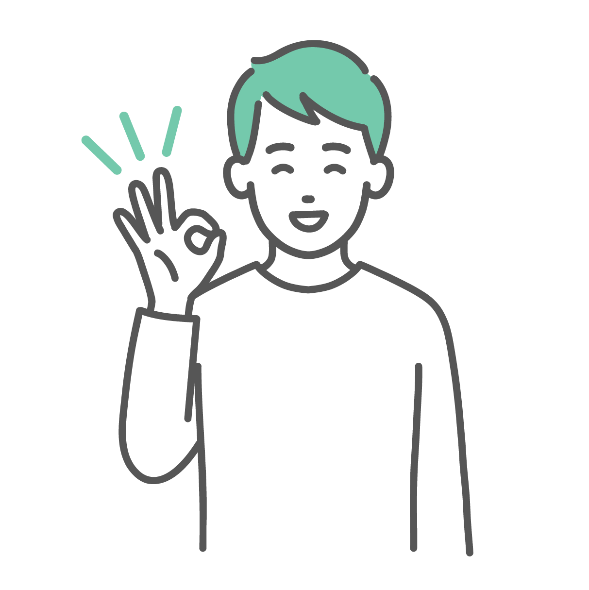 笑顔でOKサインを出している、私服姿の若い男性のイラスト