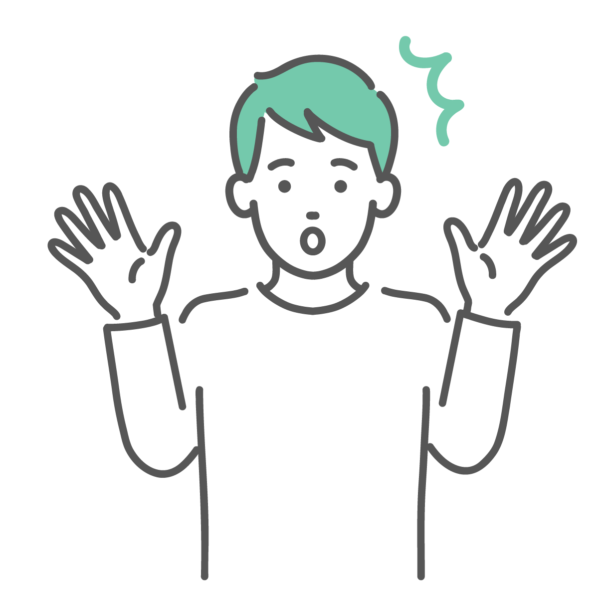 両手を広げて驚いた表情をしている、私服姿の若い男性のイラスト