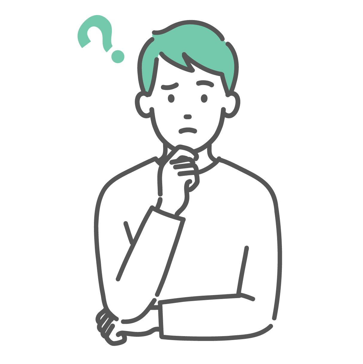 頭にハテナマークを浮かべて、顎に手を当てて考え事や悩み事をしている私服姿の若い男性のイラスト